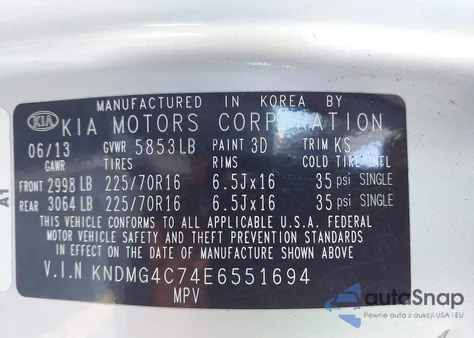 2014 Kia Sedona Lx from USA, damaged, VIN KNDMG4C74E6551694